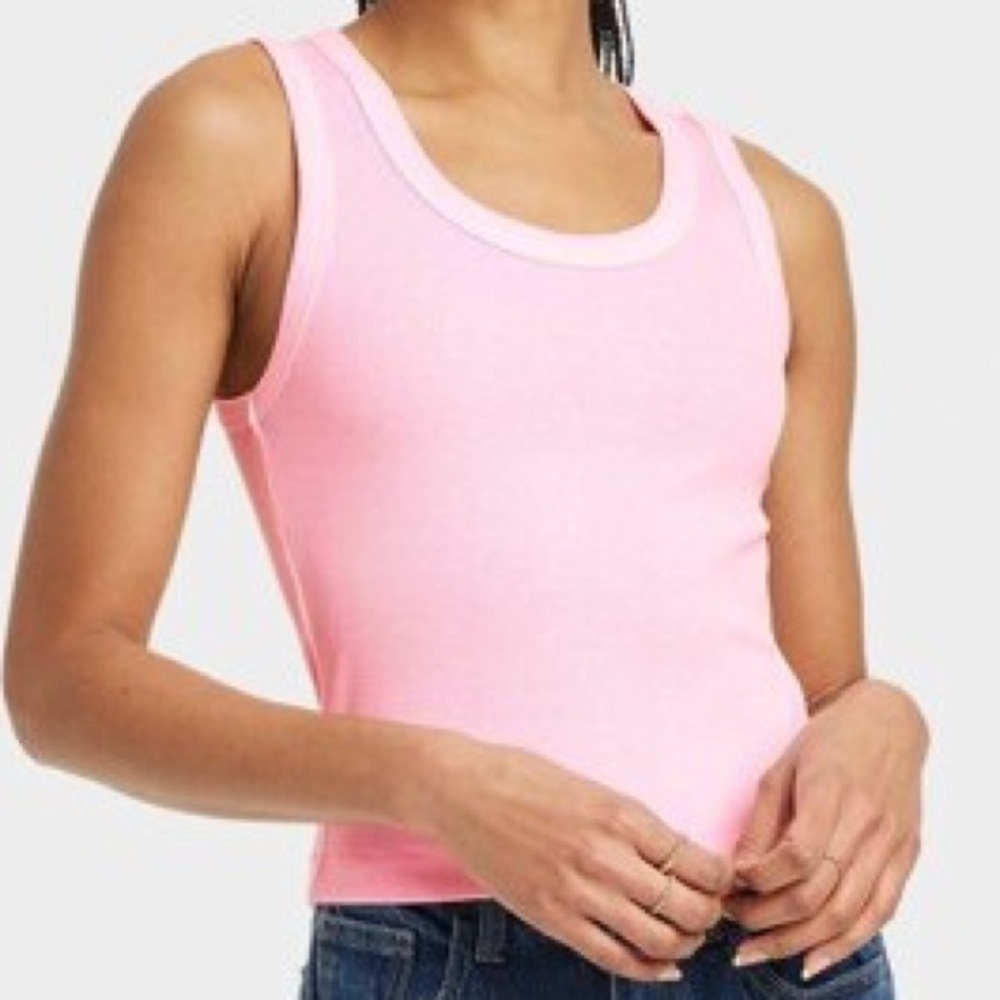 Pink Slim Fit Ribbed Shrunken Tank